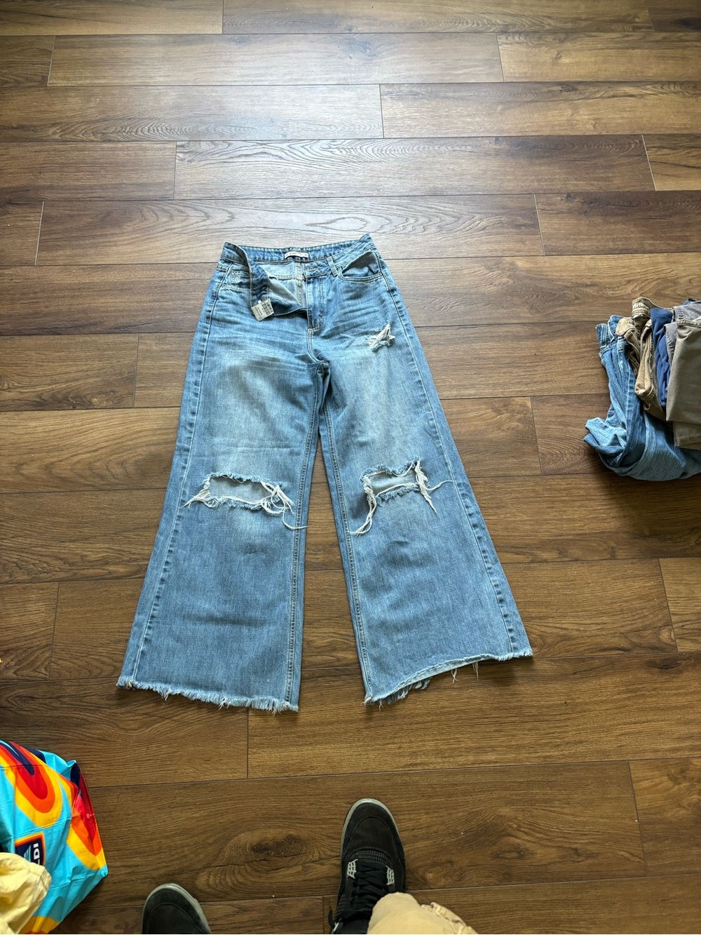 High-Rise Light Blue Wide-Leg Distressed Jeans